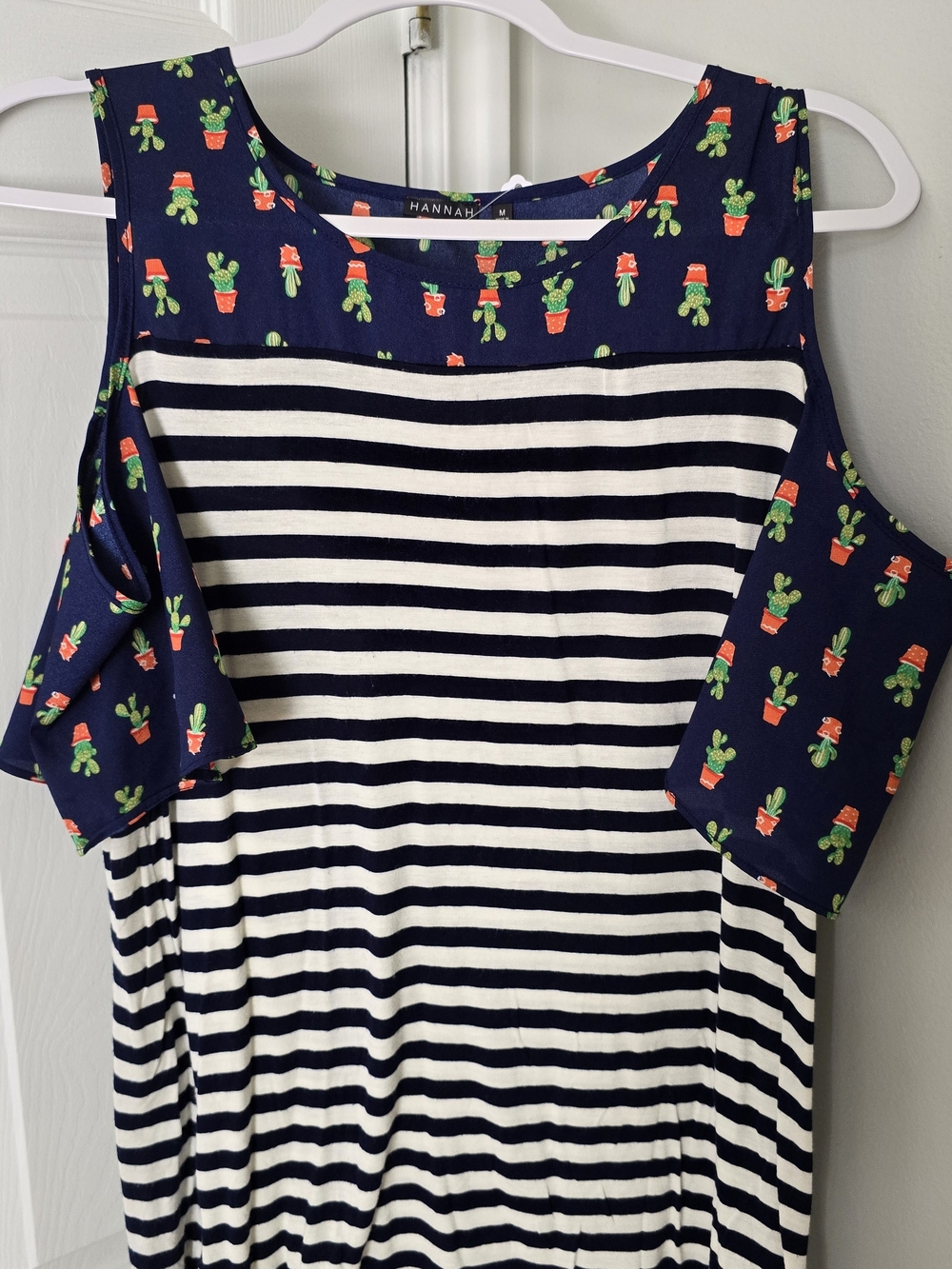 Navy & White Striped Cold-Shoulder Blouse with Cactus Print